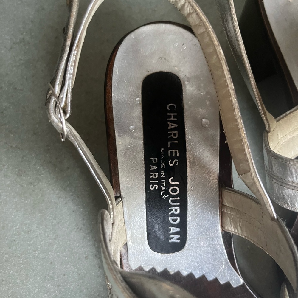 Vintage Charles Jourdan silver sandal block Heels | Made in  Paris France Sz 8.5